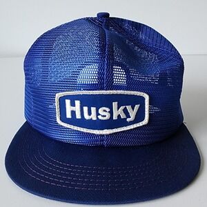 Vintage Husky Trucker Hat Mesh Cap Snap Back Patch Logo Blue White Gas Station‎